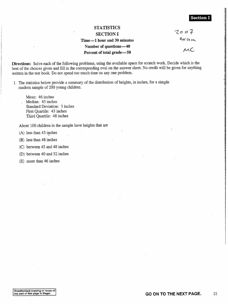 2007 AP Statistics Exam Multiple Choice | PDF