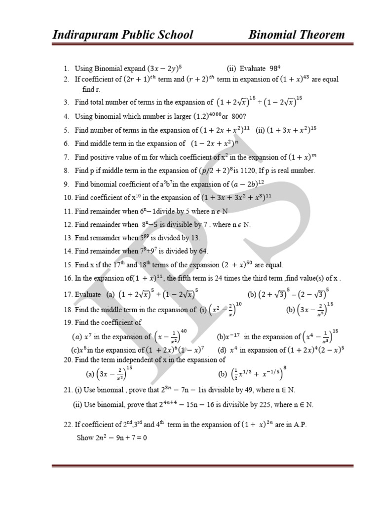 Binomial Theorem Exercises and Solutions | PDF