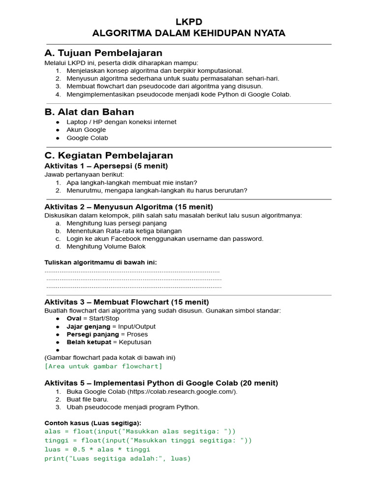 LKPD Algoritma dan Flowchart Kelas 5 | PDF