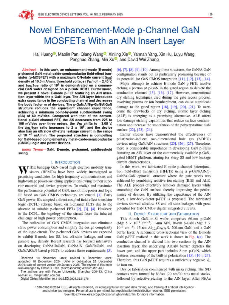 Novel Enhancement-Mode P-Channel GaN MOSFETs With An AlN Insert Layer ...