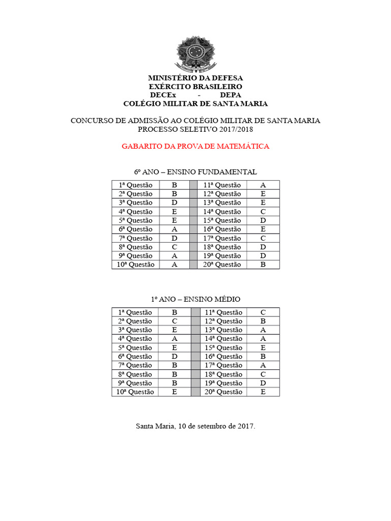 Gabarito Matemática - Colégio Militar CMSM | PDF