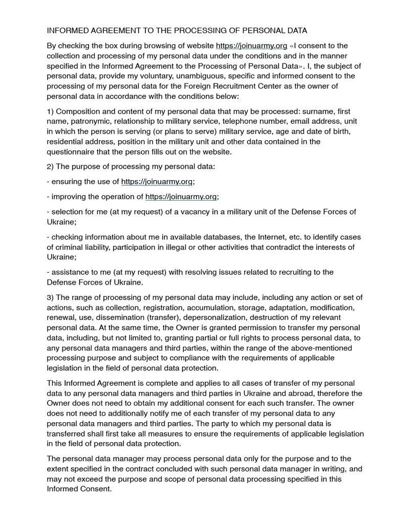 Personal Data Processing Consent Form | PDF | Consent | Justice