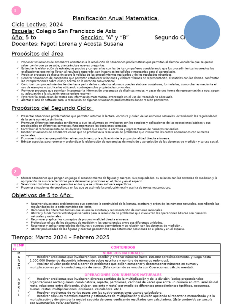 Planificación Matemática 5to Año 2024 | PDF | División (Matemáticas ...