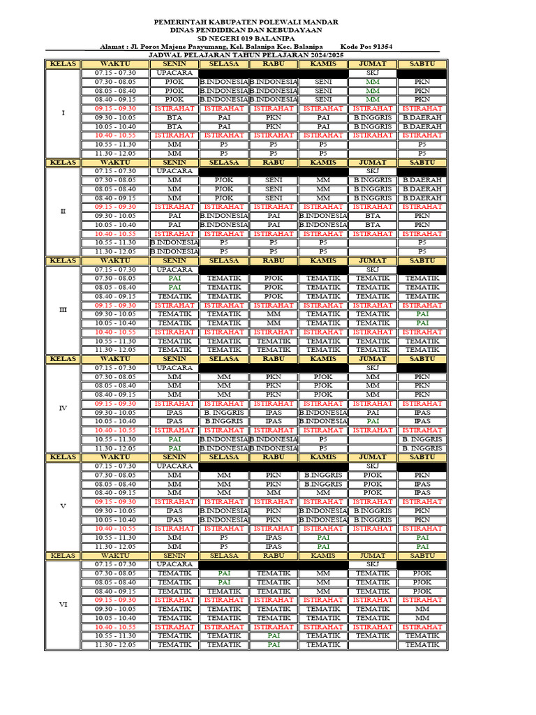 Jadwal Pelajaran SD Negeri 019 Balanipa | PDF