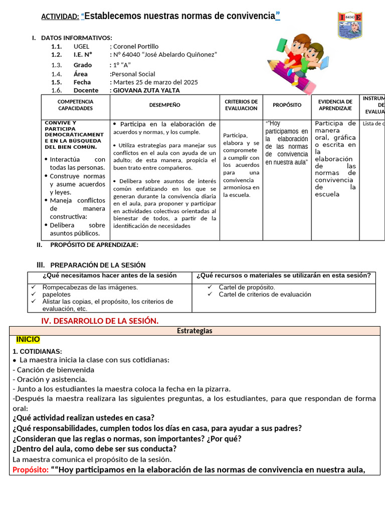 Normas de Convivencia en Primer Grado | PDF | Salón de clases ...
