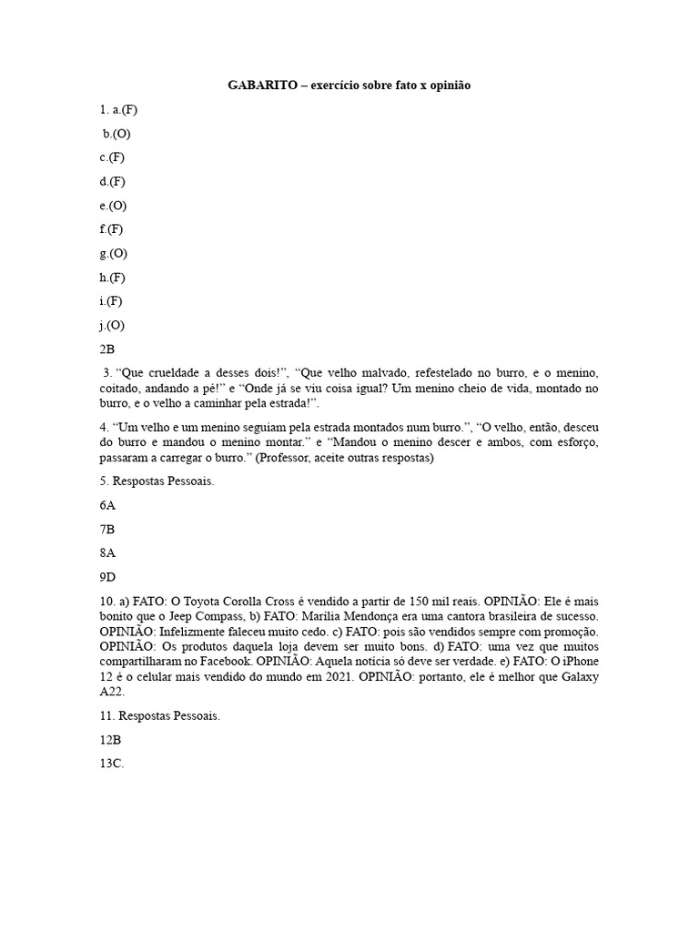 Gabarito: Fato vs. Opinião | PDF