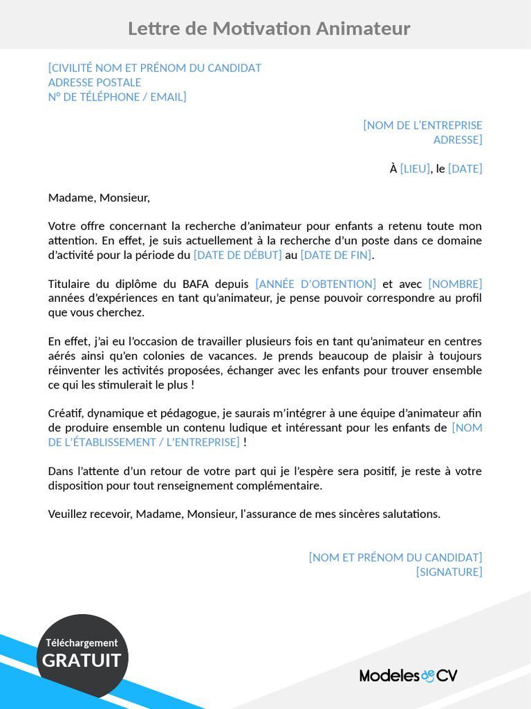 Lettre de Motivation Animateur Débutant | PDF | Motivation | Motivant
