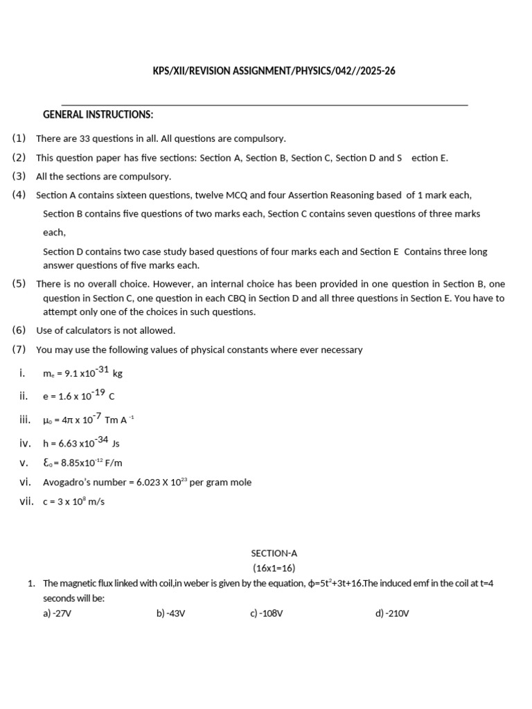 Physics Revision Assignment 2025-26 | PDF | Magnetic Field | Waves