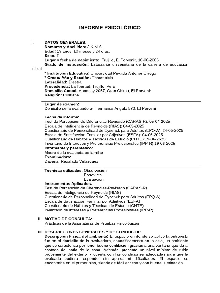 Informe Psicológico Educativo en Word | PDF | Las emociones | Sicología