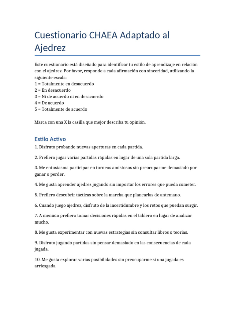 Cuestionario de Estilos de Aprendizaje en Ajedrez | PDF | Ajedrez ...