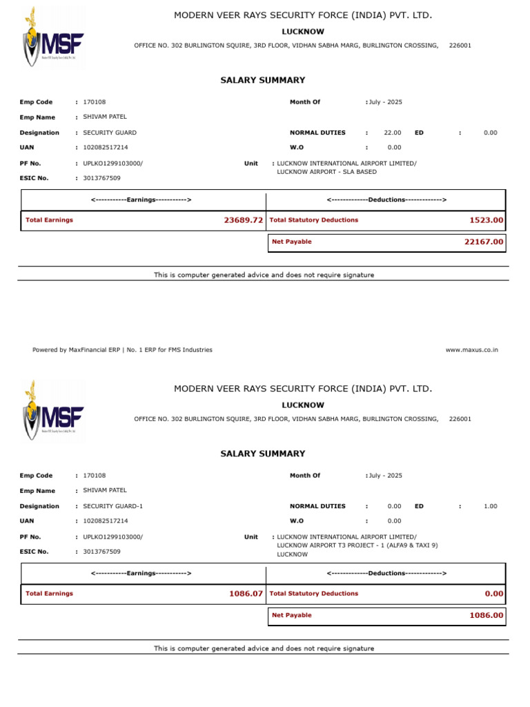 July 2025 Salary Summary for Security Guard | PDF