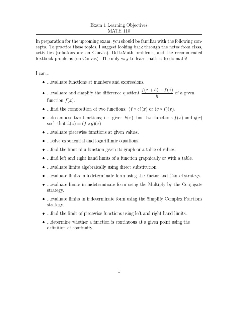 MATH 110 Exam 1 Study Guide | PDF