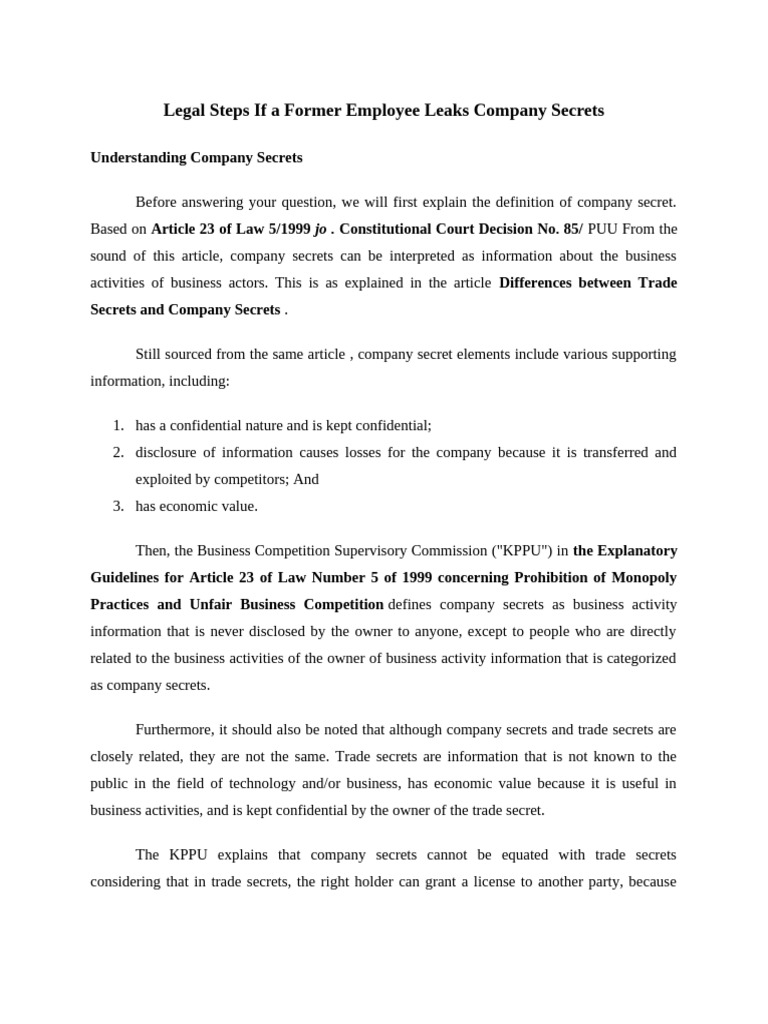 Legal Actions for Leaked Company Secrets PDF Employment Trade Secret