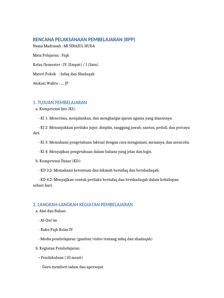 RPP - Fiqh - MI - Sirajul - Huda (Infaq) | PDF
