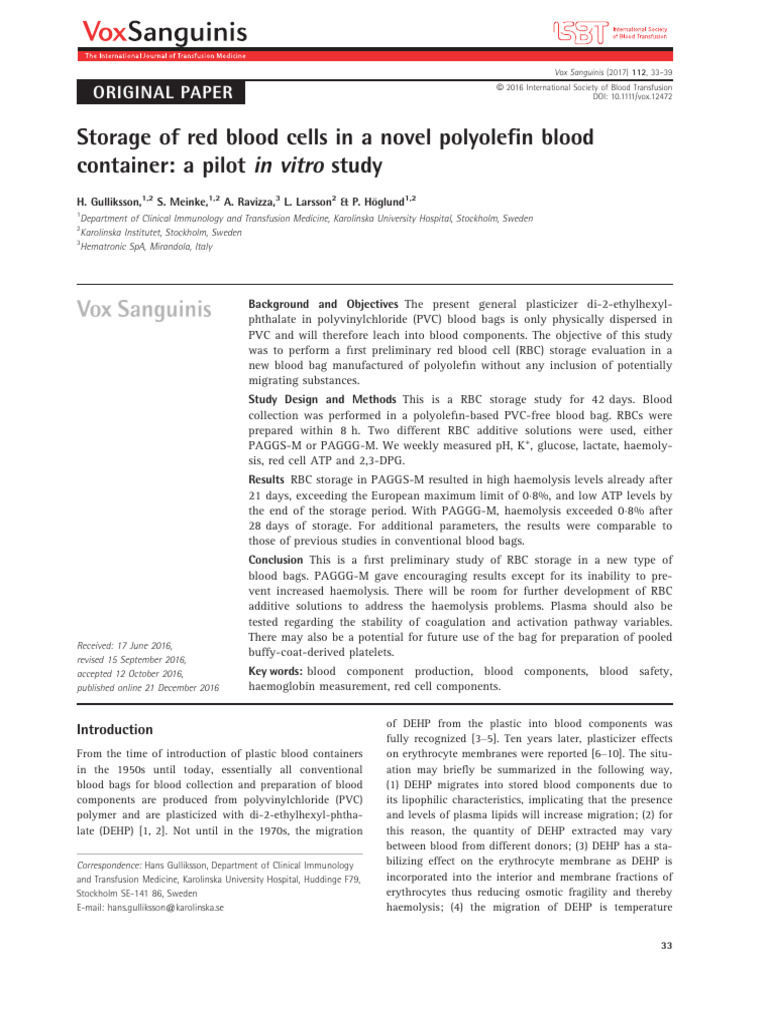 Red Blood Cell Storage in Polyolefin Bags | PDF | Red Blood Cell ...