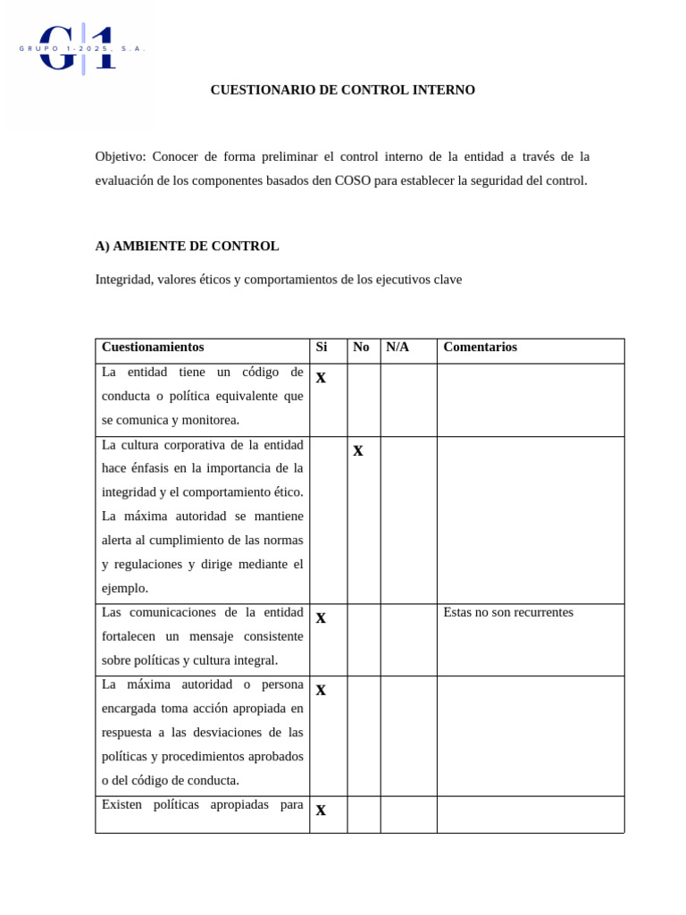 Cuestionario de Control Interno COSO | PDF | Presupuesto | Contabilidad