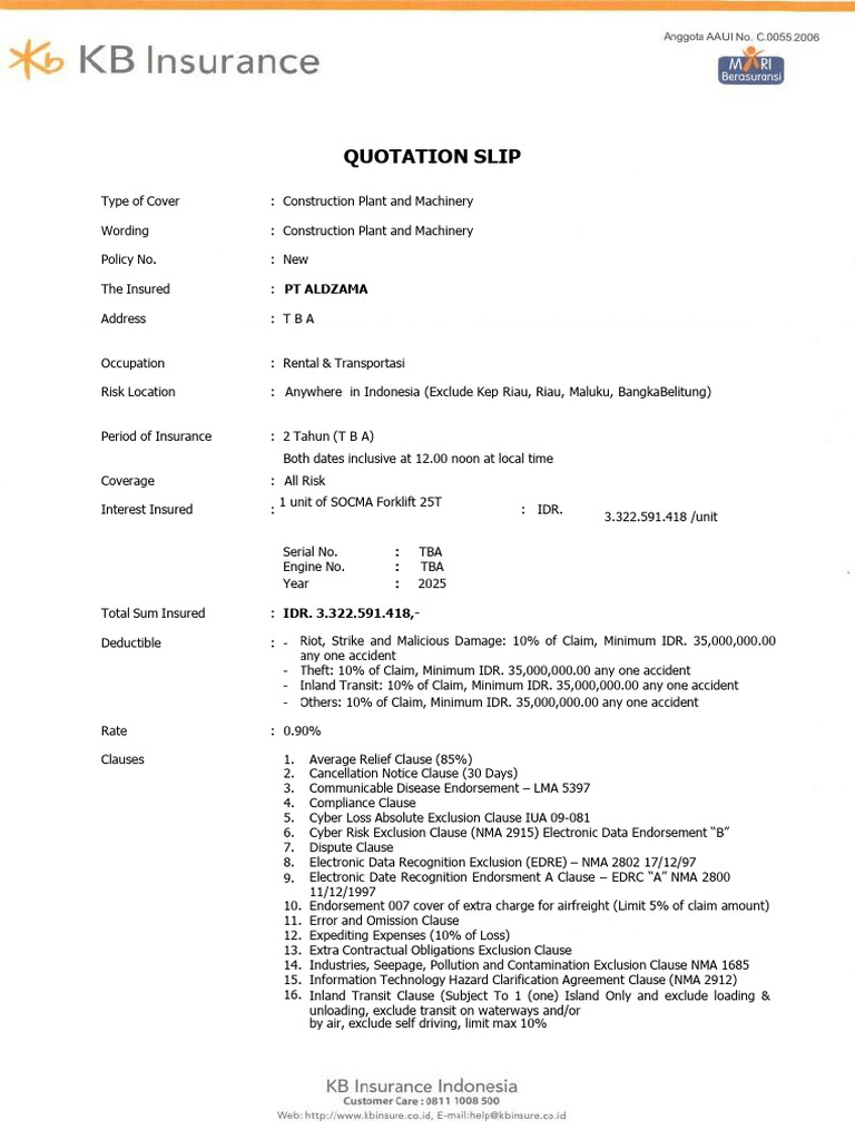 Construction Machinery Insurance Quote | PDF | Insurance
