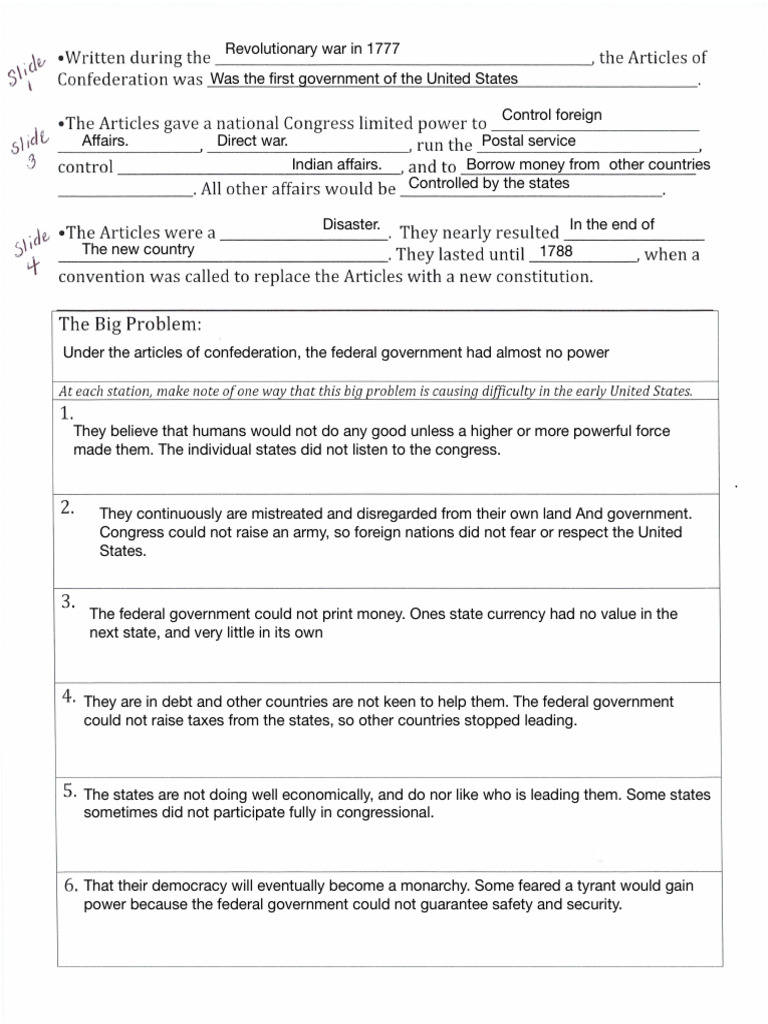 Articles of Confederation Student WKSHT | PDF