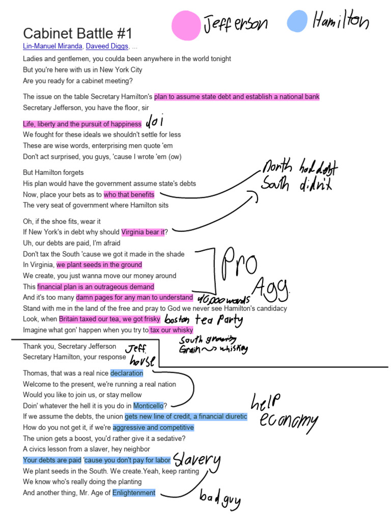 Cabinet Battle Lyrics Pdf Hamilton Musical Thomas Jefferson