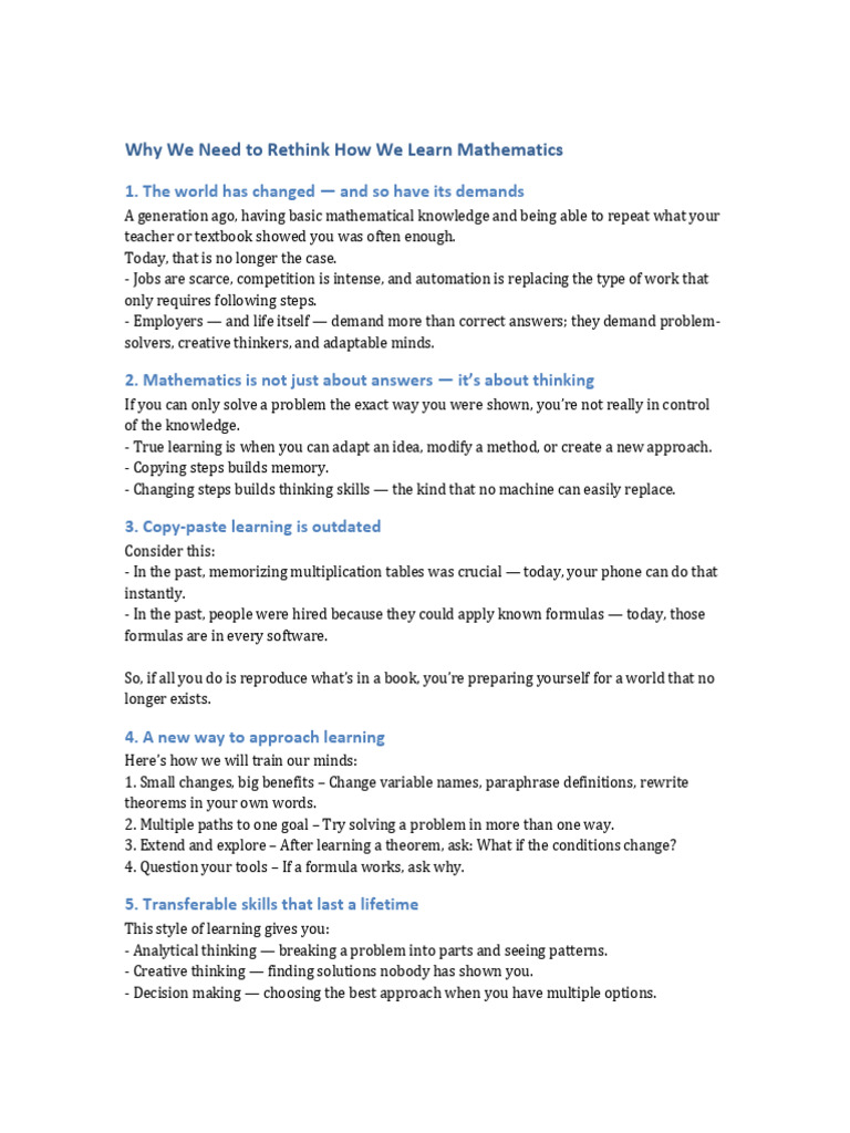 Rethinking Mathematics Learning Strategies | PDF | Learning | Knowledge