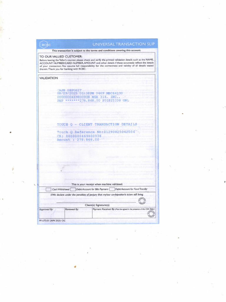 RCBC Deposit Validation Receipt | PDF