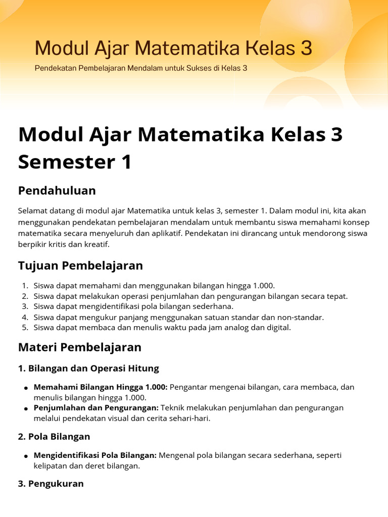 Modul Ajar Matematika Kelas 3 Semester 1 | PDF