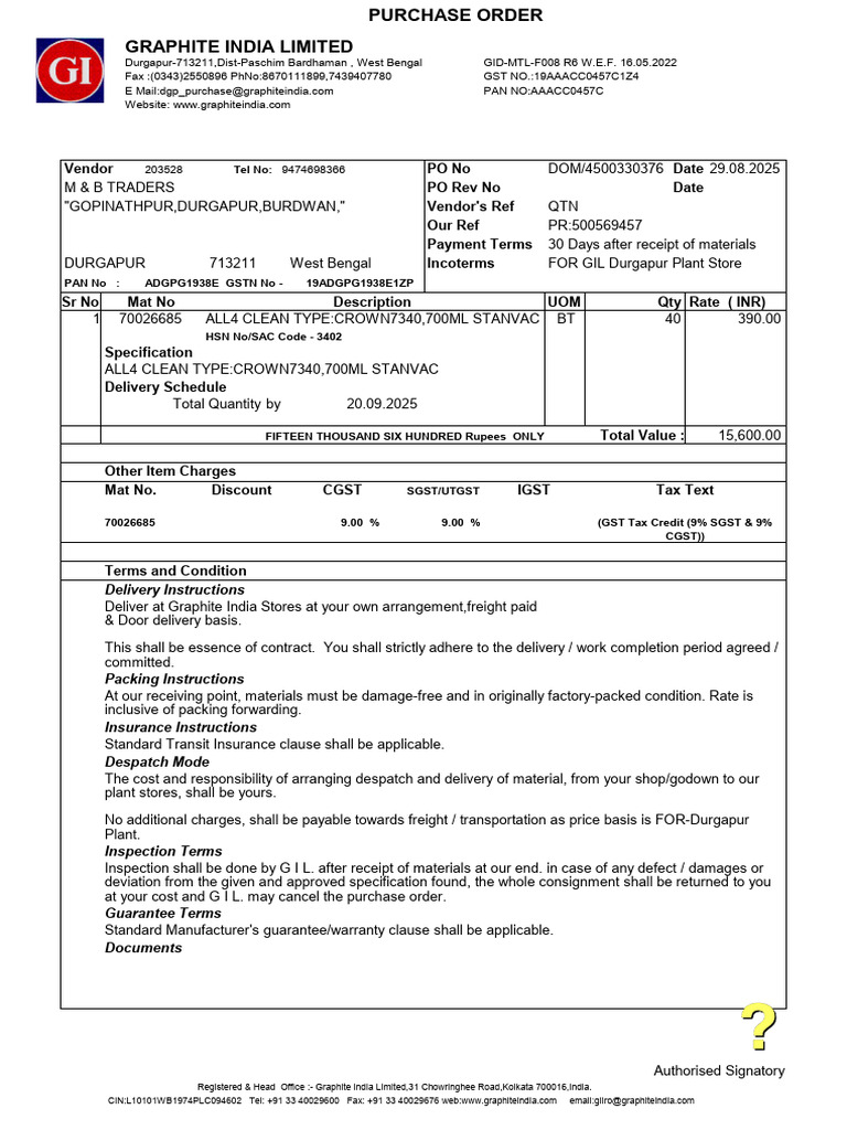 Graphite India Purchase Order Details | PDF | Taxes | Business