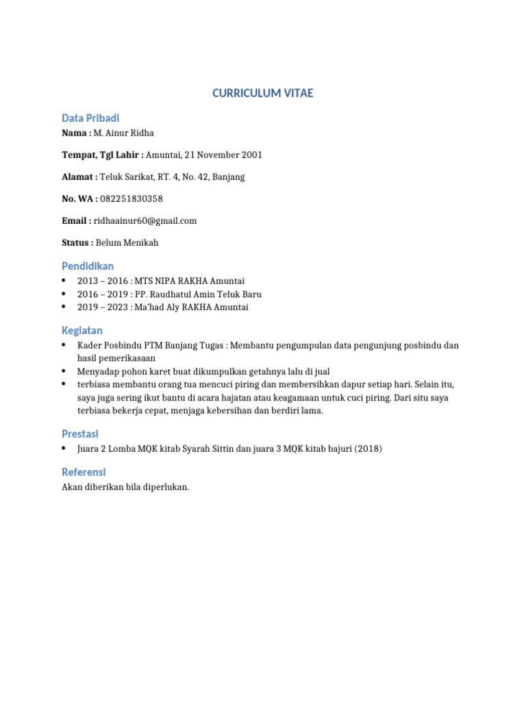 CV M. Ainur Ridha: Pendidikan & Prestasi | PDF