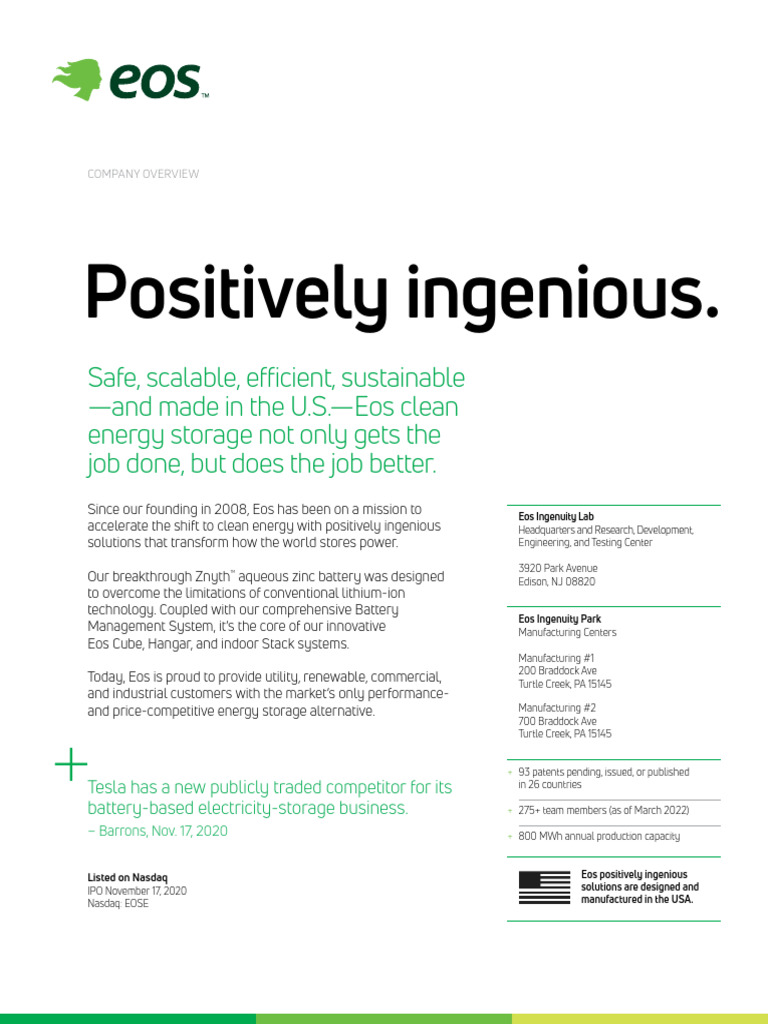 Eos Energy: Advancing Beyond Lithium | PDF | Lithium Ion Battery ...