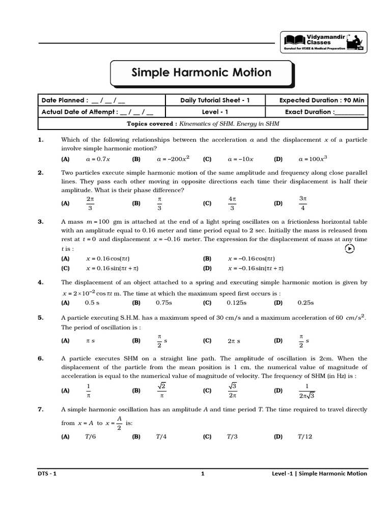 Simple Harmonic Motion Tutorial Questions | PDF | Oscillation ...