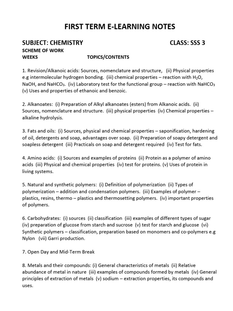 1st Term Ss3 Chemistry Lesson Plan Pdf Carbohydrates Polymers