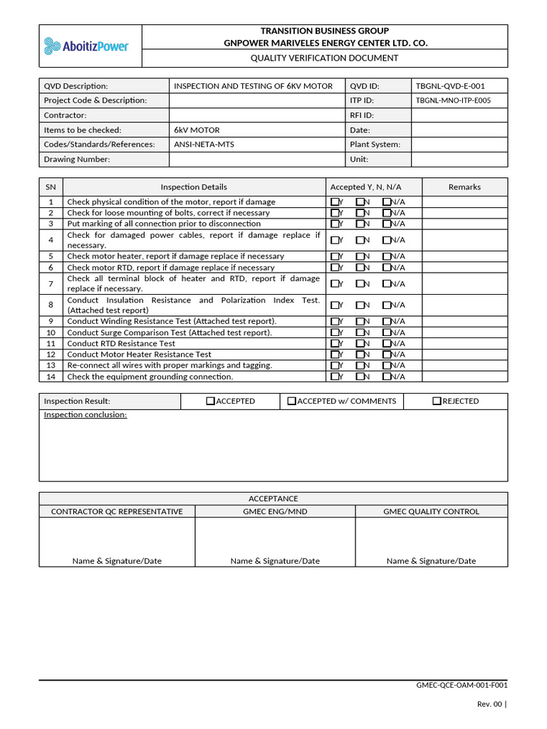 Tbgnl-qvd-e-001-Inspection and Testing of 6kv Motor | PDF | Electric ...