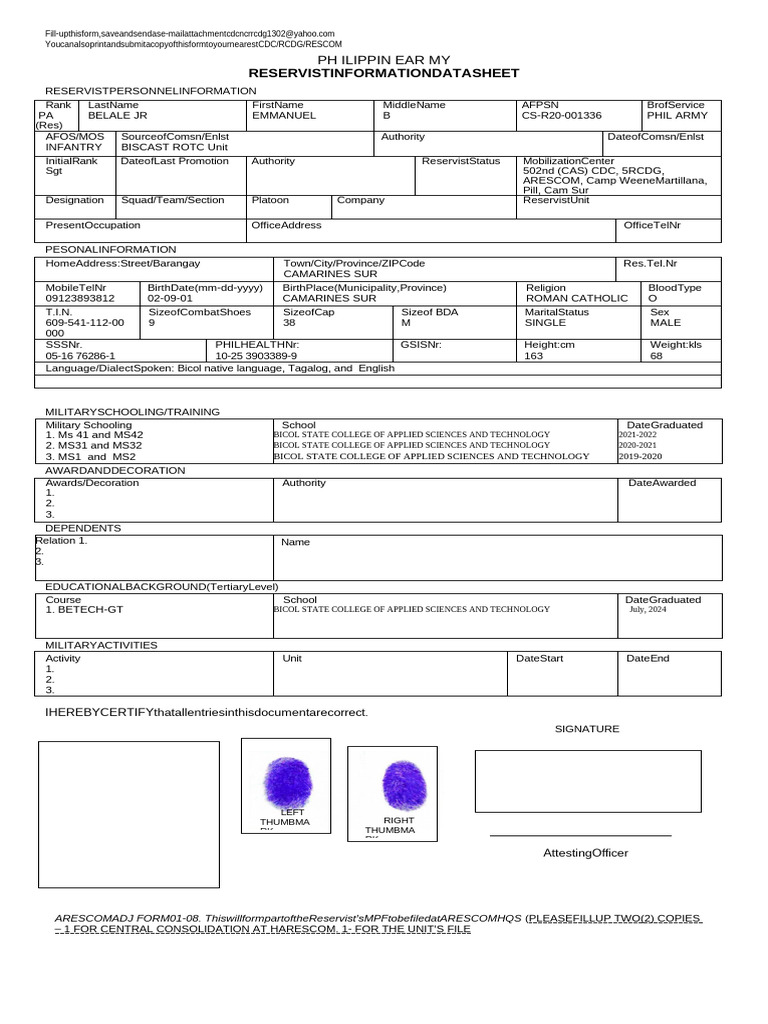 10th RCDG Reservist Information Form | PDF | Military Units And Formations