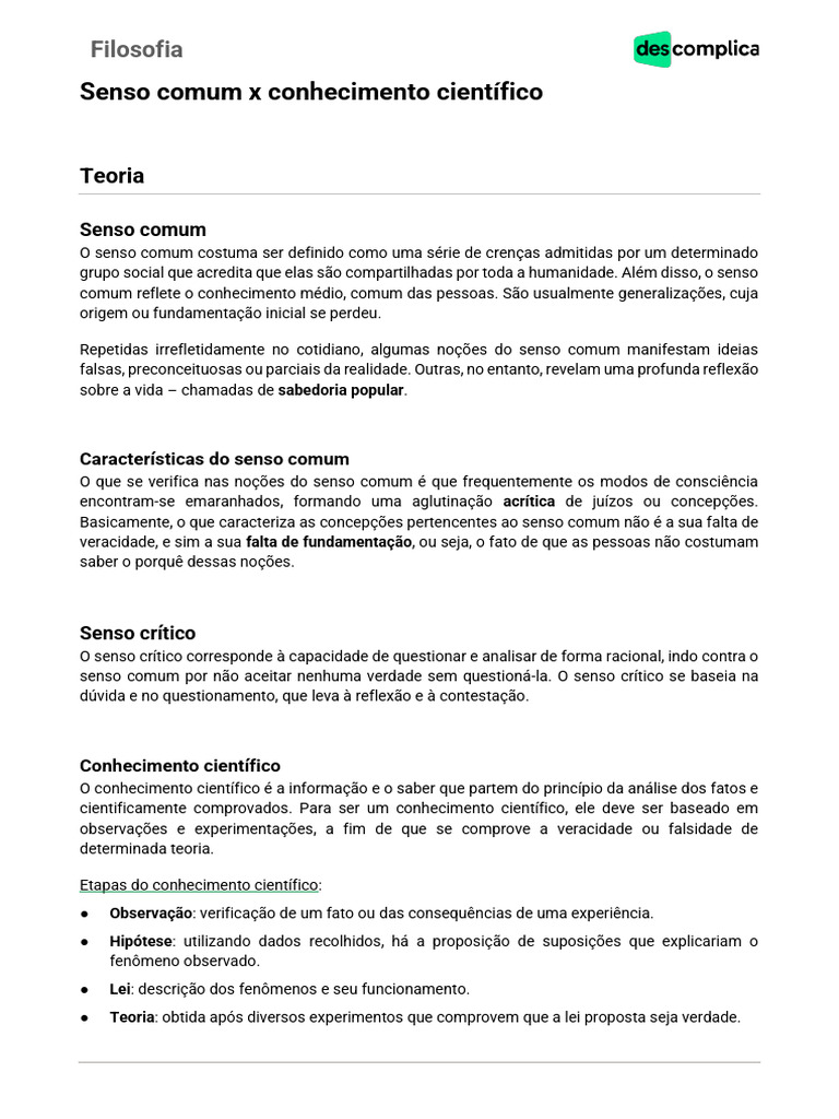 Senso Comum e Conhecimento Científico | PDF | Conhecimento | Science