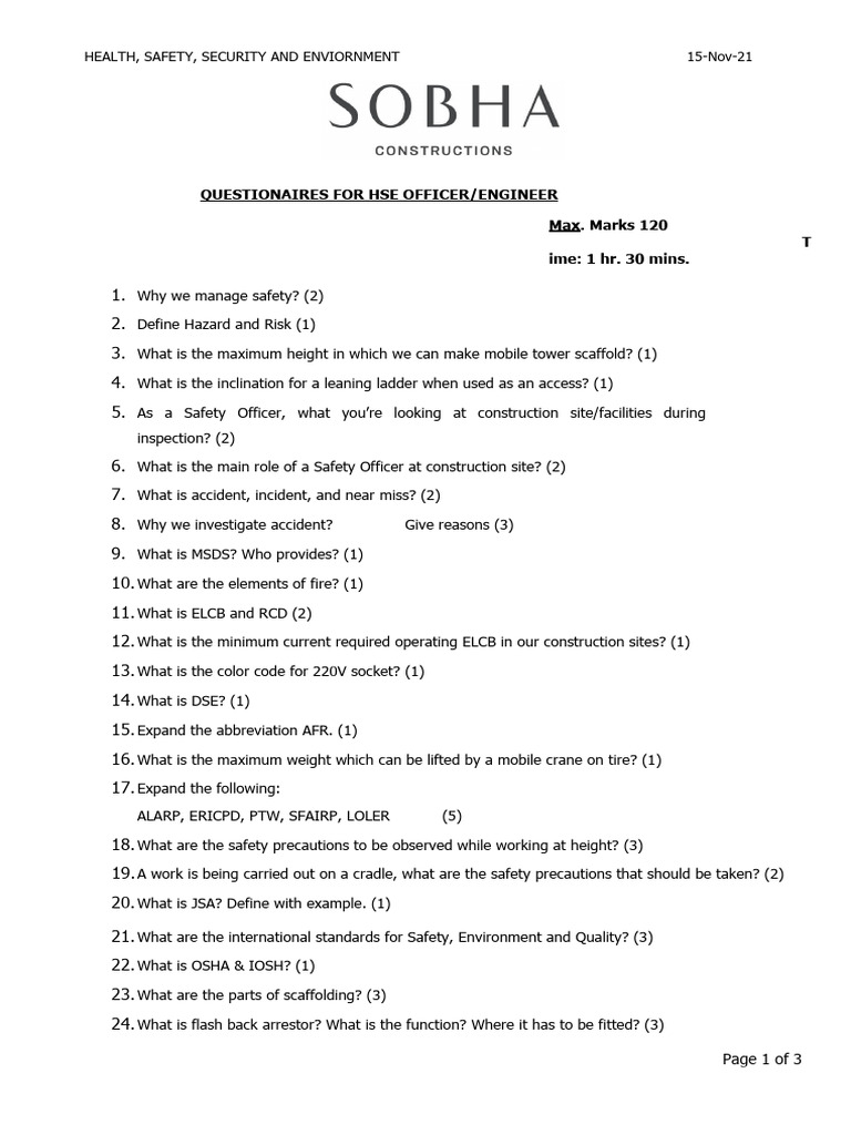 HSE Officer Questionnaire for Safety Assessment | PDF | Workplace ...