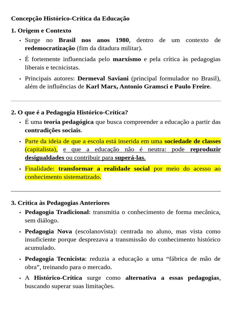 Concepção Histórico-Crítica da Educação | PDF | Pedagogia | Sociologia