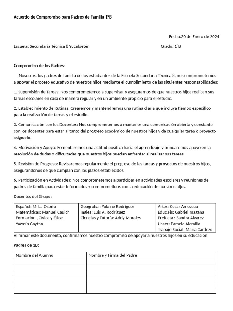 Acuerdo de Compromiso para Padres de Familia 1 | PDF