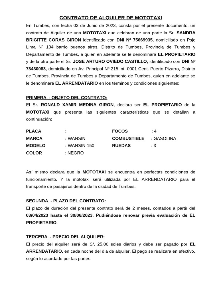Contrato de Alquiler de Mototaxi | PDF