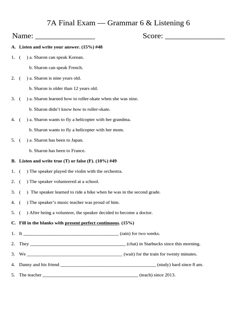 7A Grammar and Listening Exam Guide | PDF
