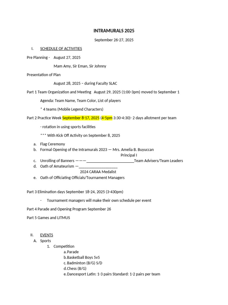 Intramurals 2025 Schedule and Events | PDF | Games Of Physical Skill ...
