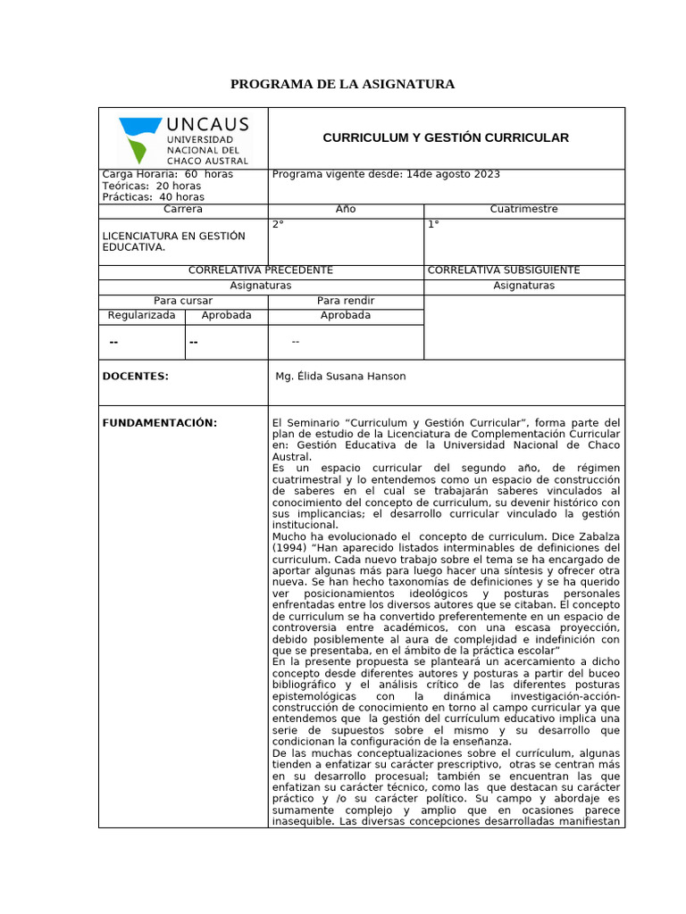Curriculum y Gestión Educativa 2023 | PDF | Plan de estudios | Pedagogía