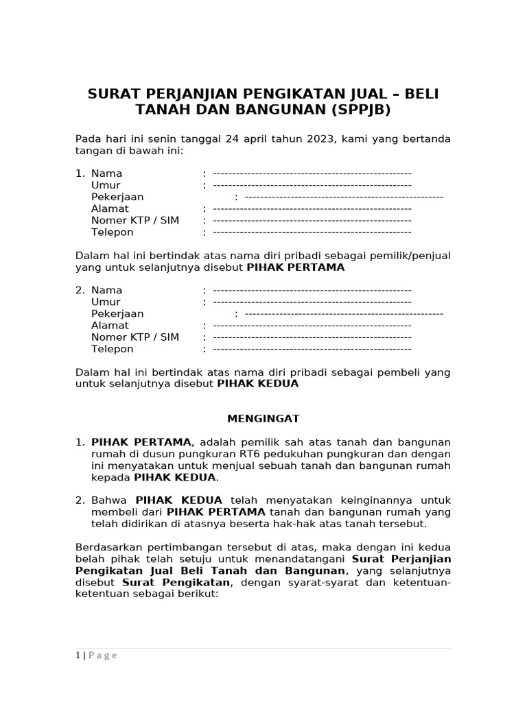 Surat Perjanjian Jual Beli Tanah dan Rumah | PDF
