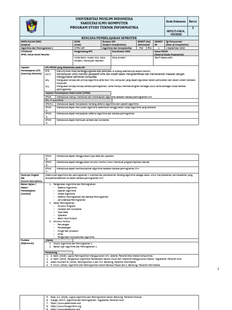 RPS Algoritma dan Pemrograman 1 UMI | PDF