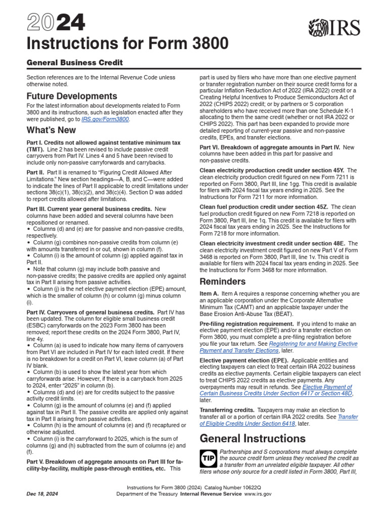 2024 IRS Form 3800 Instructions | PDF | Irs Tax Forms | S Corporation