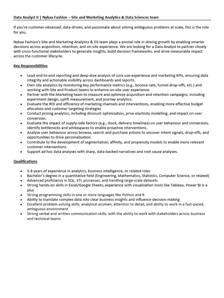 Data Analyst II Role at Nykaa Fashion | PDF | Analytics | Data Analysis