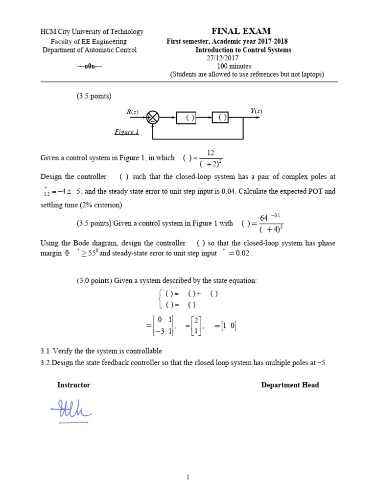 Control Systems Exam: Design Problems | PDF | Control Theory ...