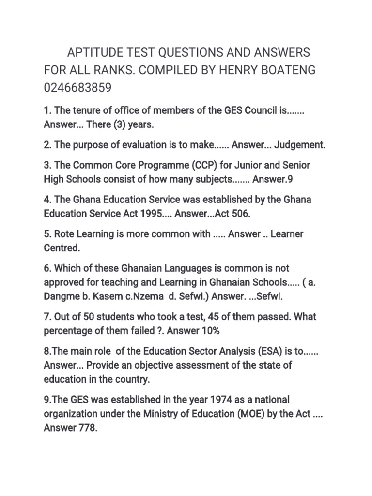 Aptitude Test Questions and Answers For All Ranks, Compiled by Henry | PDF