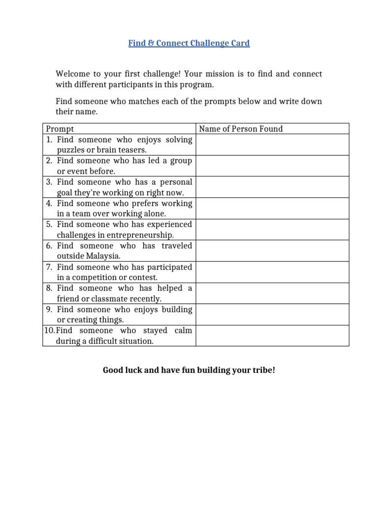 Find and Connect Challenge Card | PDF