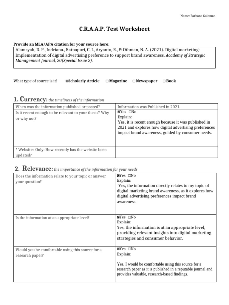 Craap Test Worksheet | PDF | Digital Marketing | Human Communication