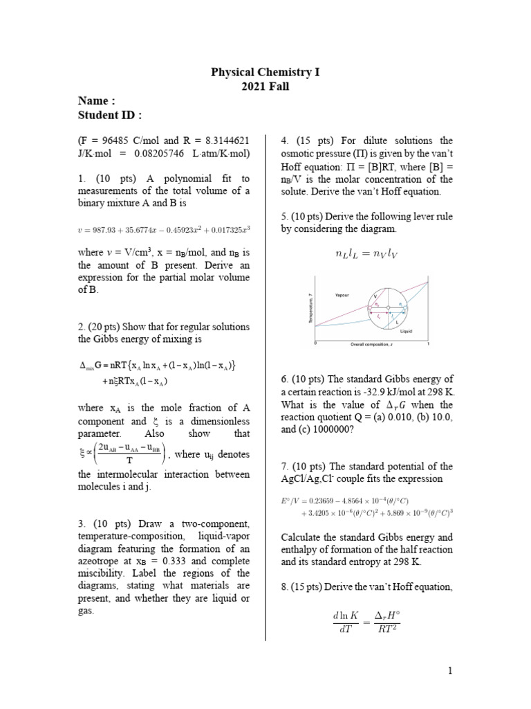 Physical Chemistry I Exam Questions | PDF | Concentration | Mole (Unit)